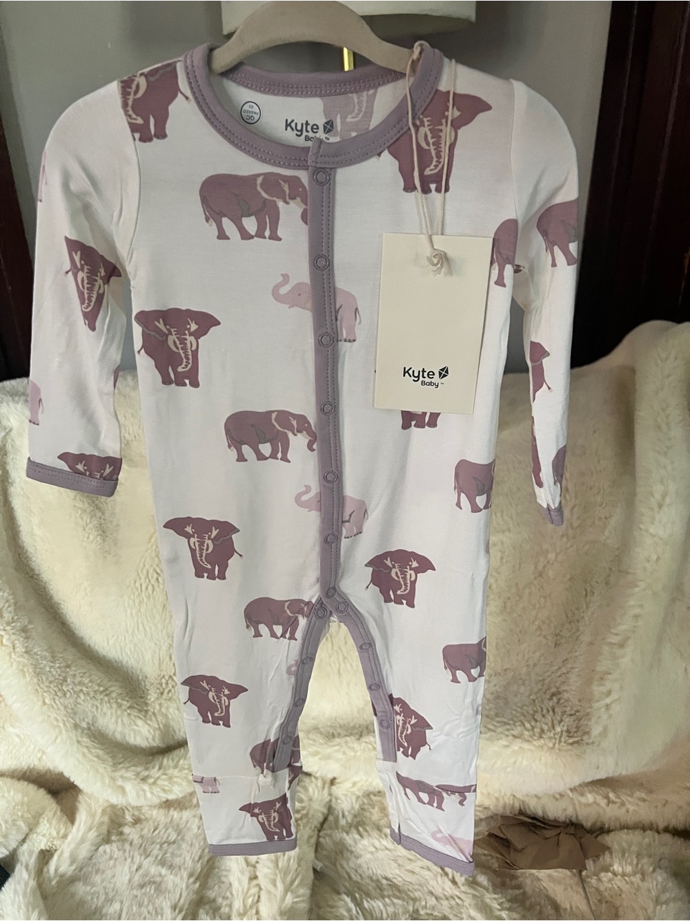 Kyte BABY Cream Footie with Mauve Elephant Print